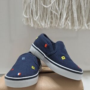 Janie and Jack Navy Slip-On Sneakers with Multicolor Embroidery